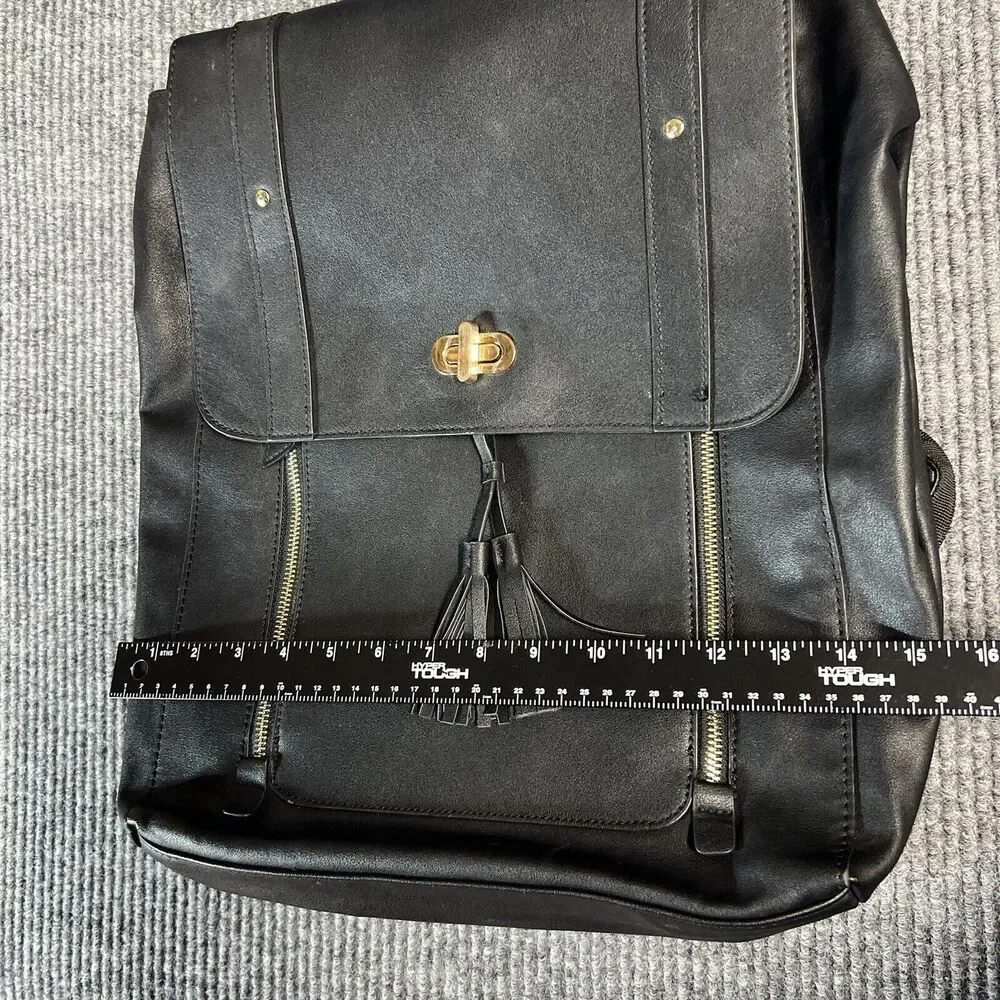 Faux Leather Black Backpack Laptop Bag Casual Work Business Pockets Straps 16x15